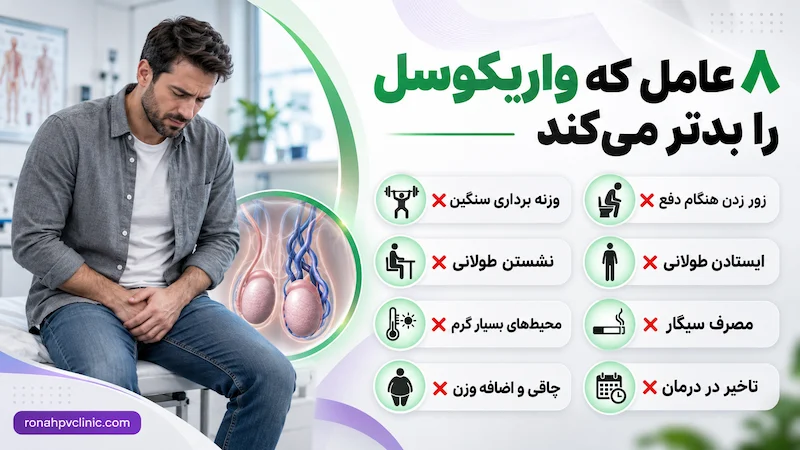 چه چیزهایی برای واریکوسل ضرر دارد؟ + 8 عوامل تشدید کننده واریکوسل 5 چه چیزهایی برای واریکوسل ضرر دارد؟ مهم ترین عوامل تشدید کننده